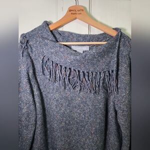 Modern Soul Blue Speckled Fringe Cowl Neck Knit Sweater- Size XL